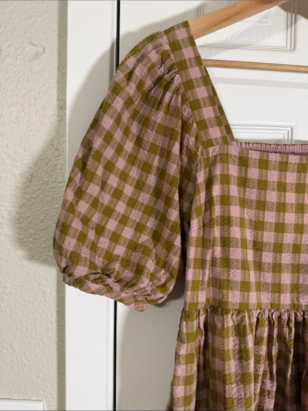Madewell Pink & Olive Gingham Puff Sleeve Cotton Mini Dress Pockets - Picture 3 of 7